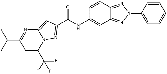 Pyrazolo[1,5-a]pyrimidine-2-carboxamide, 5-(1-methylethyl)-N-(2-phenyl-2H-benzotriazol-5-yl)-7-(trifluoromethyl)- (9CI) Struktur