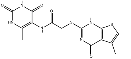 Acetamide, 2-[(1,4-dihydro-5,6-dimethyl-4-oxothieno[2,3-d]pyrimidin-2-yl)thio]-N-(1,2,3,4-tetrahydro-6-methyl-2,4-dioxo-5-pyrimidinyl)- (9CI) Struktur