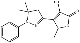 4-(4,5-Dihydro-5,5-dimethyl-1-phenyl-1H-pyrazol-3-yl)-3-hydroxy-5-methyl-2(5H)-furanone Struktur