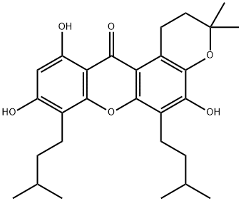 2,3-Dihydro-5,9,11-trihydroxy-3,3-dimethyl-6,8-bis(3-methylbutyl)pyrano[3,2-a]xanthen-12(1H)-one Struktur