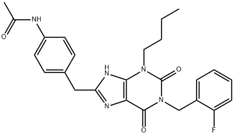 N-[4-[1-(2-Fluorobenzyl)-3-butyl-2,6-dixo-2,3,6,7-tetrahydro-1H-purin-8-ylmethyl]phenyl]acetamide Struktur