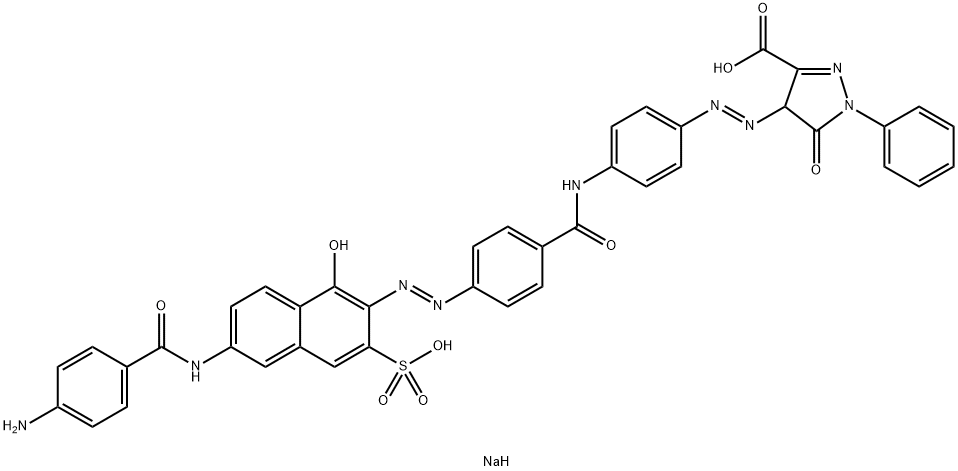 disodium 4-[[4-[[4-[[6-[(4-aminobenzoyl)amino]-1-hydroxy-3-sulphonato-2-naphthyl]azo]benzoyl]amino]phenyl]azo]-4,5-dihydro-5-oxo-1-phenyl-1H-pyrazole-3-carboxylate Struktur