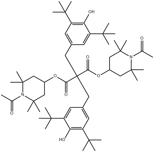 Bis(3,5-di-tert-butyl-4-hydroxybenzyl)malonic acid bis(1-acryloyl-2,2,6,6-tetramethylpiperidin-4-yl) ester Struktur