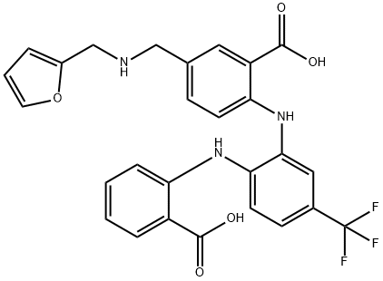 Benzoic  acid,  2-[[2-[(2-carboxyphenyl)amino]-5-(trifluoromethyl)phenyl]amino]-5-[[(2-furanylmethyl)amino]methyl]- Struktur