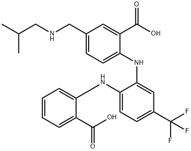 Benzoic  acid,  2-[[2-[(2-carboxyphenyl)amino]-5-(trifluoromethyl)phenyl]amino]-5-[[(2-methylpropyl)amino]methyl]- Struktur