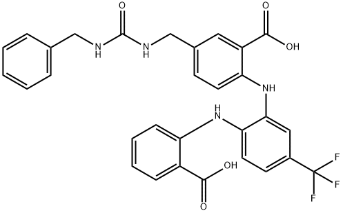 Benzoic  acid,  2-[[2-[(2-carboxyphenyl)amino]-5-(trifluoromethyl)phenyl]amino]-5-[[[[(phenylmethyl)amino]carbonyl]amino]methyl]- Struktur