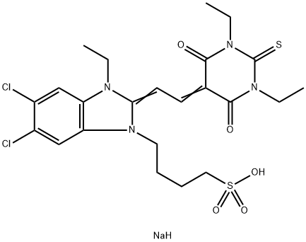 sodium 5,6-dichloro-2-[(1,3-diethyltetrahydro-4,6-dioxo-2-thioxo-(2H)-pyrimidin-5-ylidene)ethylidene]-3-ethyl-2,3-dihydro-1H-benzimidazole-1-butanesulphonate Struktur