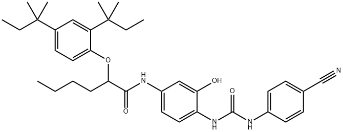 2-[2,4-bis(1,1-dimethylpropyl)phenoxy]-N-[4-[[[(4-cyanophenyl)amino]carbonyl]amino]-3-hydroxyphenyl]hexanamide  Struktur