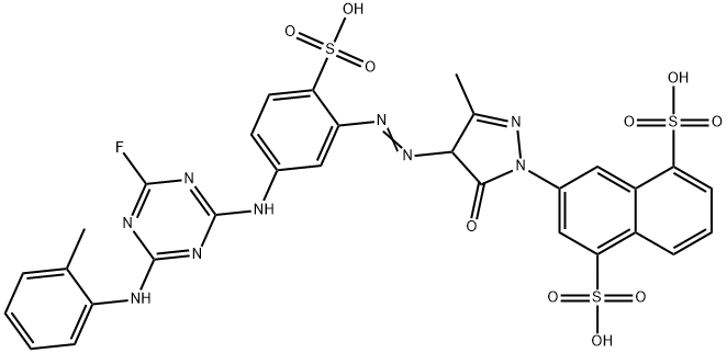 3-[[4-[5-[[4-Fluoro-6-[(2-methylphenyl)amino]-1,3,5-triazin-2-yl]amino]-2-sulfophenylazo]-4,5-dihydro-3-methyl-5-oxo-1H-pyrazol]-1-yl]-1,5-naphthalenedisulfonic acid Struktur