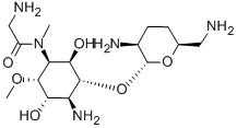 4-Amino-1-[(aminoacetyl)methylamino]-1,4-dideoxy-3-O-(2,6-diamino-2,3,4,6-tetradeoxy-α-D-erythro-hexopyranosyl)-6-O-methyl-L-chiro-inositol Struktur