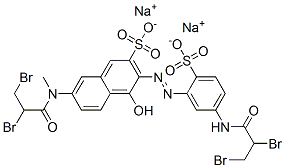 disodium 3-[[5-[(2,3-dibromo-1-oxopropyl)amino]-2-sulphonatophenyl]azo]-7-[(2,3-dibromo-1-oxopropyl)methylamino]-4-hydroxynaphthalene-2-sulphonate Struktur