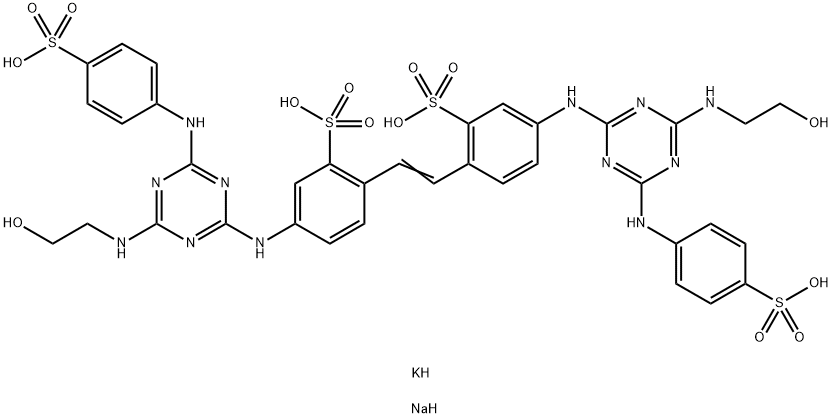 dipotassium disodium 4,4'-bis[[4-[(2-hydroxyethyl)amino]-6-[(4-sulphonatophenyl)amino]-1,3,5-triazin-2-yl]amino]stilbene-2,2'-disulphonate Struktur