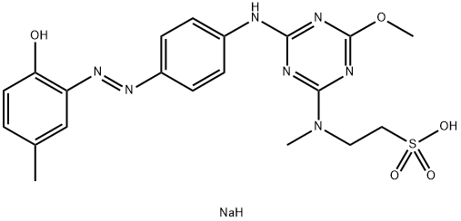 sodium 2-[[4-[[4-[(2-hydroxy-5-methylphenyl)azo]phenyl]amino]-6-methoxy-1,3,5-triazin-2-yl]methylamino]ethanesulphonate Struktur