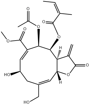 (3aS,4S,5R,6E,8R,10E,11aR)-5-Acetoxy-2,3,3a,4,5,8,9,11a-octahydro-8-hydroxy-10-hydroxymethyl-3-methylene-4-[[(Z)-2-methyl-1-oxo-2-butenyl]oxy]-2-oxocyclodeca[b]furan-6-carboxylic acid methyl ester Struktur