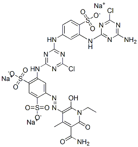 1,3-Benzenedisulfonic acid, 4-[[5-(aminocarbonyl)-1-ethyl-1,6-dihydro-2-hydroxy-4-methyl-6-oxo-3-pyridinyl]azo]-6-[[4-[[3-[(4-amino-6-chloro-1,3,5-triazin-2-yl)amino]-4-sulfophenyl]amino]-6-chloro-1,3,5-triazin-2-yl]amino]-, trisodium salt  Struktur