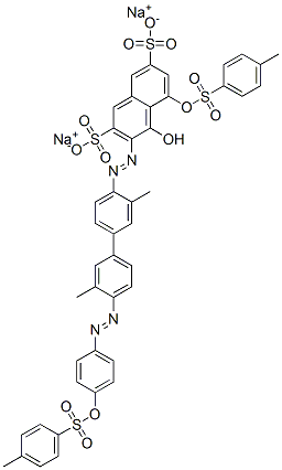 disodium 3-[[3,3'-dimethyl-4'-[[4-[[(p-tolyl)sulphonyl]oxy]phenyl]azo][1,1'-biphenyl]-4-yl]azo]-4-hydroxy-5-[[(p-tolyl)sulphonyl]oxy]naphthalene-2,7-disulphonate  Struktur