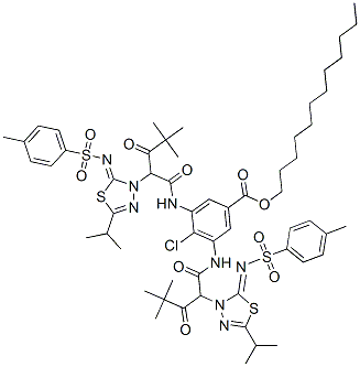 dodecyl 4-chloro-3,5-bis[[4,4-dimethyl-2-[5-(isopropyl)-2-[[(4-tolyl)sulphonyl]imino]-1,3,4-thiadiazole-3(2H)-yl]-1,3-dioxopentyl]amino]benzoate Struktur