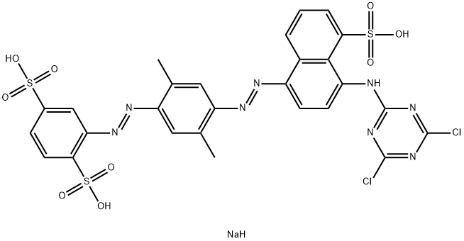 trisodium 2-[[4-[[4-[(4,6-dichloro-1,3,5-triazin-2-yl)amino]-5-sulphonato-1-naphthyl]azo]-2,5-dimethylphenyl]azo]benzene-1,4-disulphonate Struktur