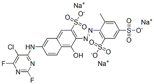 trisodium 2-[[6-[(5-chloro-2,6-difluoropyrimidin-4-yl)amino]-1-hydroxy-3-sulphonato-2-naphthyl]azo]toluene-3,5-disulphonate Struktur