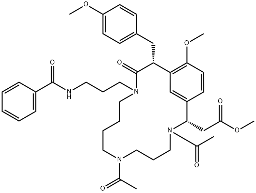 (2S,14R)-3,7-Diacetyl-12-[3-(benzoylamino)propyl]-16-methoxy-14-[(4-methoxyphenyl)methyl]-13-oxo-3,7,12-triazabicyclo[13.3.1]nonadeca-1(19),15,17-triene-2-acetic acid methyl ester Struktur