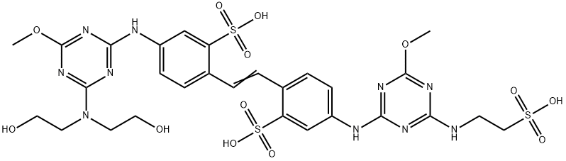 Benzenesulfonic acid, 5-[[4-[bis(2-hydroxyethyl) amino]-6-methoxy-1,3,5-triazin-2-yl]amino]-2-[2- [4-[[4-methoxy-6-[(2-sulfoethyl)amino]-1,3,5-triazi n-2-yl]amino]-2-sulfophenyl]ethenyl]- Structure