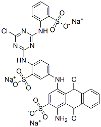 trisodium 1-amino-4-[[4-[[4-chloro-6-[(2-sulphonatophenyl)amino]-1,3,5-triazin-2-yl]amino]-3-sulphonatophenyl]amino]-9,10-dihydro-9,10-dioxoanthracene-2-sulphonate Struktur