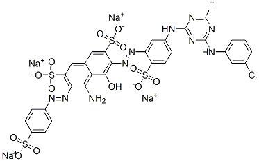 tetrasodium 4-amino-6-[[5-[[4-[(3-chlorophenyl)amino]-6-fluoro-1,3,5-triazin-2-yl]amino]-2-sulphonatophenyl]azo]-5-hydroxy-3-[(4-sulphonatophenyl)azo]naphthalene-2,7-disulphonate Struktur