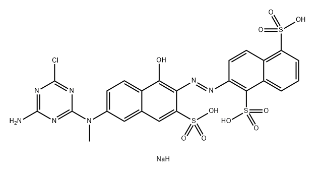 trisodium 2-[[6-[(4-amino-6-chloro-1,3,5-triazin-2-yl)methylamino]-1-hydroxy-3-sulphonato-2-naphthyl]azo]naphthalene-1,5-disulphonate Struktur