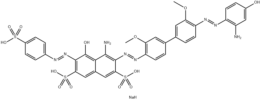 trisodium 4-amino-3-[[4'-[(2-amino-4-hydroxyphenyl)azo]-3,3'-dimethoxy[1,1'-biphenyl]-4-yl]azo]-5-hydroxy-6-[(4-sulphonatophenyl)azo]naphthalene-2,7-disulphonate  Struktur