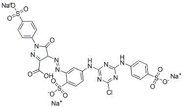 trisodium hydrogen 4-[[5-[[4-chloro-6-[(4-sulphonatophenyl)amino]-1,3,5-triazin-2-yl]amino]-2-sulphonatophenyl]azo]-4,5-dihydro-5-oxo-1-(4-sulphonatophenyl)-1H-pyrazole-3-carboxylate Struktur