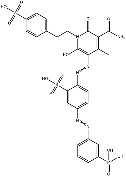 2-[[5-carbamoyl-1,6-dihydro-2-hydroxy-4-methyl-6-oxo-1-[2-(4-sulphophenyl)ethyl]-3-pyridyl]azo]-5-[(3-phosphonophenyl)azo]benzenesulphonic acid Struktur