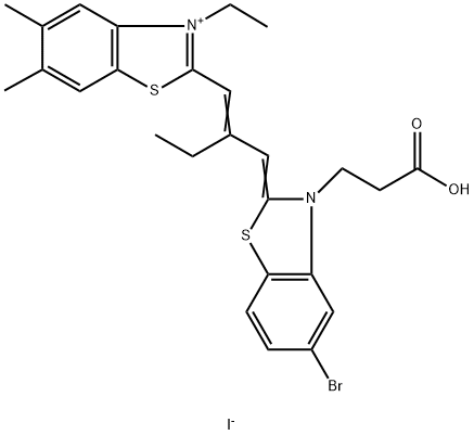 2-[2-[[5-bromo-3-(2-carboxyethyl)-3H-benzothiazol-2-ylidene]methyl]buten-1-yl]-3-ethyl-5,6-dimethylbenzothiazolium iodide  Struktur