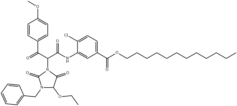 alpha-(4-Methoxybenzoyl)-alpha-(1-benzyl-5-ethoxyhydantion)-2-chloro-5-dodecyloxycarbonyl acetanilide Struktur