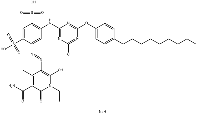 disodium 4-[[5-(aminocarbonyl)-1-ethyl-1,6-dihydro-2-hydroxy-4-methyl-6-oxopyridin-3-yl]azo]-6-[[4-chloro-6-(4-nonylphenoxy)-1,3,5-triazin-2-yl]amino]benzene-1,3-disulphonate Struktur