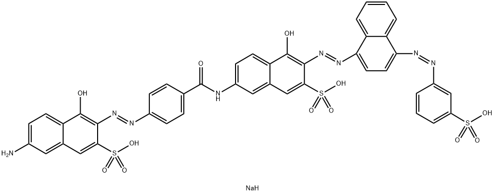 7-[[4-[(6-Amino-1-hydroxy-3-sulfo-2-naphthalenyl)azo]benzoyl]amino]-4-hydroxy-3-[[4-[(3-sulfophenyl)azo]-1-naphthalenyl]azo]-2-naphthalenesulfonic acid trisodium salt Struktur