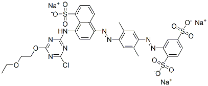 trisodium 2-[[4-[[4-[[4-chloro-6-(2-ethoxyethoxy)-1,3,5-triazin-2-yl]amino]-5-sulphonato-1-naphthyl]azo]-2,5-dimethylphenyl]azo]benzene-1,4-disulphonate Struktur