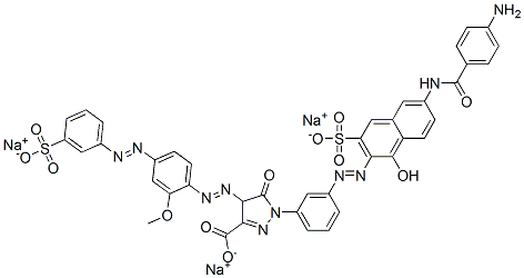 1-[3-[[6-[(4-Aminobenzoyl)amino]-1-hydroxy-3-sulfo-2-naphthalenyl]azo]phenyl]-4,5-dihydro-4-[[2-methoxy-4-[(3-sulfophenyl)azo]phenyl]azo]-5-oxo-1H-pyrazole-3-carboxylic acid trisodium salt Struktur