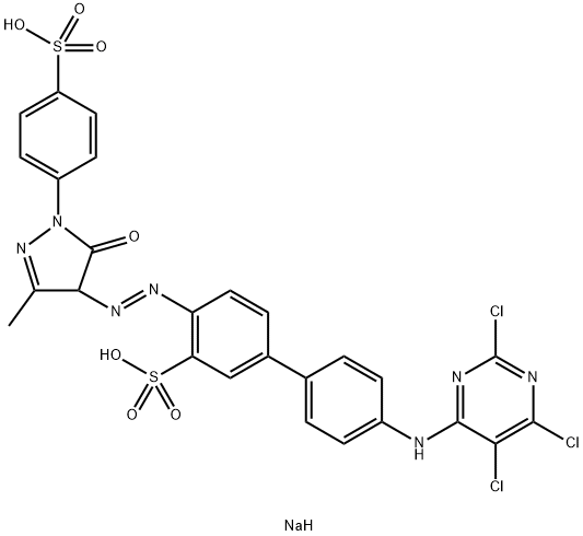 disodium 4-[[4,5-dihydro-3-methyl-5-oxo-1-(4-sulphonatophenyl)-1H-pyrazol-4-yl]azo]-4'-[(2,5,6-trichloropyrimidin-4-yl)amino][1,1'-biphenyl]-3-sulphonate Struktur