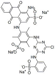 trisodium 1-amino-4-[[3-[[4-chloro-6-[(sulphonatophenyl)amino]-1,3,5-triazin-2-yl]amino]-2,4,6-trimethyl-5-sulphonatophenyl]amino]-9,10-dihydro-9,10-dioxoanthracene-2-sulphonate Struktur