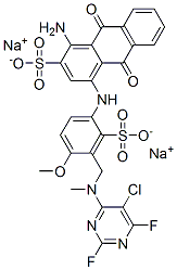 disodium 1-amino-4-[[3-[[(5-chloro-2,6-difluoro-4-pyrimidinyl)methylamino]methyl]-4-methoxysulphonatophenyl]amino]-9,10-dihydro-9,10-dioxoanthracene-2-sulphonate Struktur