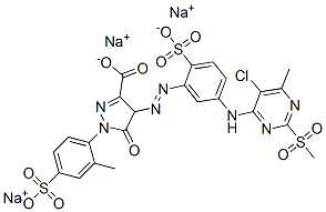 4-[[5-[[5-chloro-6-methyl-2-(methylsulphonyl)-4-pyrimidinyl]amino]-2-sulphophenyl]azo]-4,5-dihydro-1-(2-methyl-4-sulphophenyl)-5-oxo-1H-pyrazole-3-carboxylic acid, sodium salt Struktur