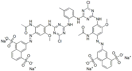 tetrasodium 3,3'-[(4-methyl-1,2-phenylene)bis[imino(6-chloro-1,3,5-triazine-4,2-diyl)imino[2-(acetylamino)-5-methoxy-4,1-phenylene]azo]]bisnaphthalene-1,5-disulphonate Struktur