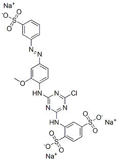 trisodium 2-[[4-chloro-6-[[2-methoxy-4-[(3-sulphonatophenyl)azo]phenyl]amino]-1,3,5-triazin-2-yl]amino]benzene-1,4-disulphonate Struktur