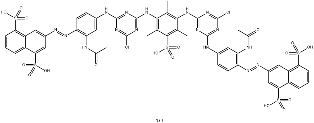 pentasodium 3,3'-[(2,4,6-trimethyl-5-sulphonato-1,3-phenylene)bis[imino(6-chloro-1,3,5-triazine-4,2-diyl)imino[2-(acetylamino)-4,1-phenylene]azo]]bisnaphthalene-1,5-disulphonate Struktur