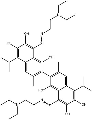 (1Z)-1-[(2-diethylaminoethylamino)methylidene]-7-[(8Z)-8-[(2-diethylaminoethylamino)methylidene]-1,6-dihydroxy-3-methyl-7-oxo-5-propan-2-yl-naphthalen-2-yl]-3,8-dihydroxy-6-methyl-4-propan-2-yl-naphthalen-2-one Struktur