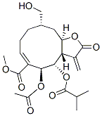 (3aS,4S,5S,6E,10S,11aR)-5-Acetoxy-2,3,3a,4,5,8,9,10,11,11a-decahydro-10-hydroxymethyl-3-methylene-4-(2-methyl-1-oxopropoxy)-2-oxocyclodeca[b]furan-6-carboxylic acid methyl ester Struktur