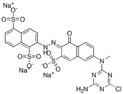 trisodium 2-[(2E)-2-[6-[(4-amino-6-chloro-1,3,5-triazin-2-yl)-methyl-a mino]-1-oxo-3-sulfonato-naphthalen-2-ylidene]hydrazinyl]naphthalene-1, 5-disulfonate Struktur