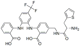 Benzoic  acid,  5-[[[(2S)-2-amino-1-oxo-3-(2-thienyl)propyl]amino]methyl]-2-[[2-[(2-carboxyphenyl)amino]-5-(trifluoromethyl)phenyl]amino]- Struktur