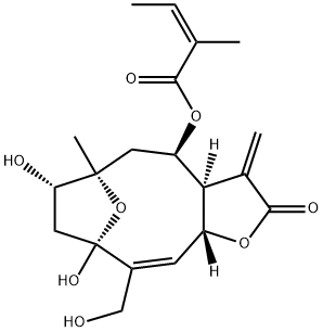 (Z)-2-Methyl-2-butenoic acid [(3aR,4R,6R,7S,9R,10Z,11aR)-2,3,3a,4,5,6,7,8,9,11a-decahydro-7,9-dihydroxy-10-hydroxymethyl-6-methyl-3-methylene-2-oxo-6,9-epoxycyclodeca[b]furan-4-yl] ester Struktur