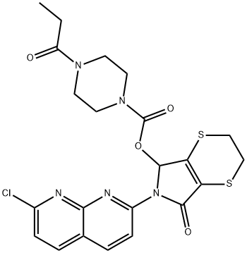 6-(7-chloro-1,8-naphthyridin-2-yl)-2,3,6,7-tetrahydro-7-oxo-5H-1,4-dithiino[2,3-c]pyrrol-5-yl 4-propionylpiperazine-1-carboxylate Struktur